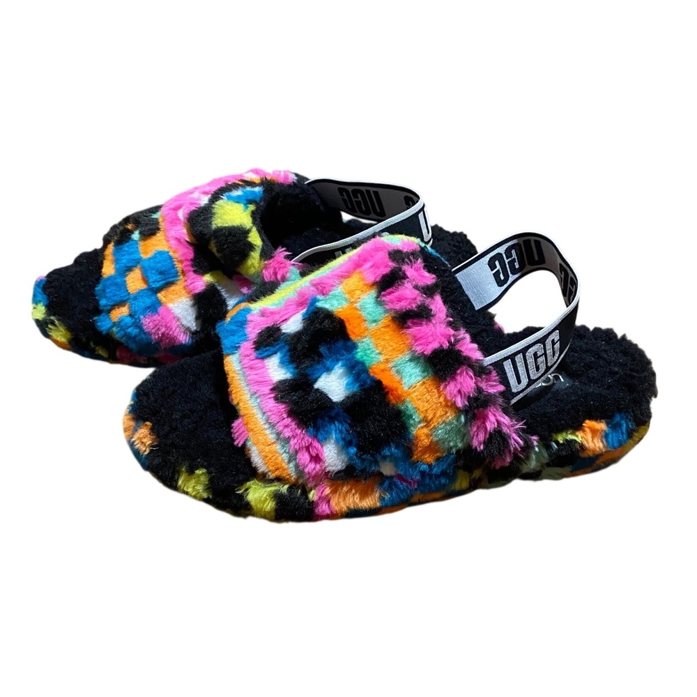 UGG Fluff Yeah Pride Rainbow Checkered Sheepskin Slide Sandals Mens 8 Womens 10
